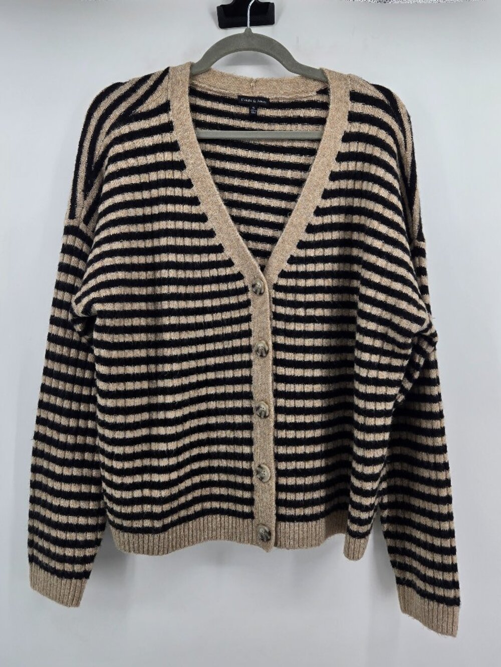 Violets & Roses Striped Cardigan Button Front V-Neck Sweater - XL Beige/Black